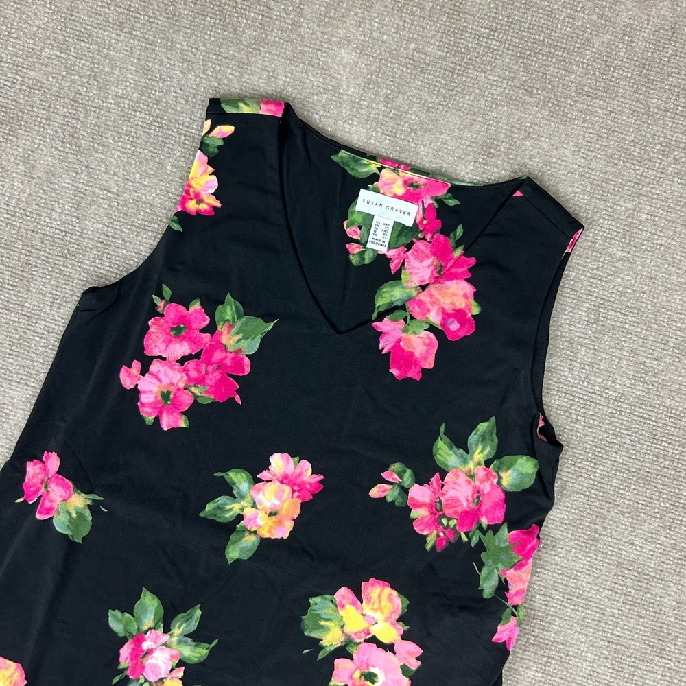 Susan Graver Sheath Dress Women's 2XS Black Floral Liquid Knit Sleeveless Tiered